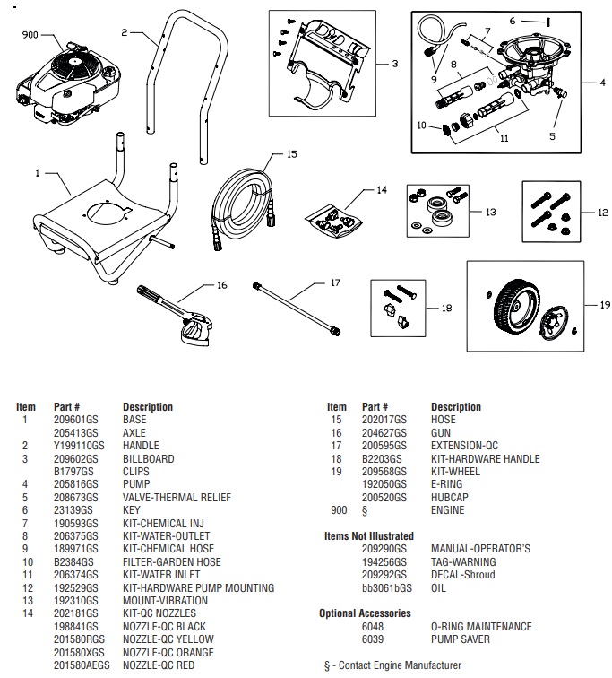 Briggs & Stratton pressure washer model 020401 replacement parts, pump breakdown, repair kits, owners manual and upgrade pump.